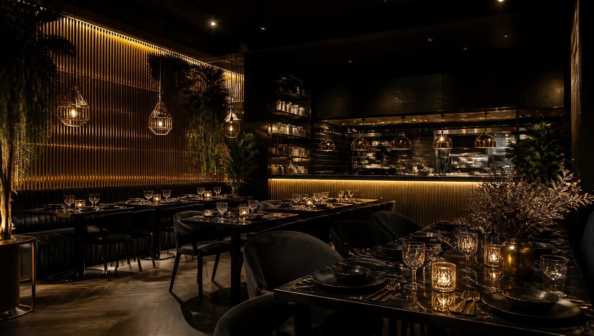 Elegant black and gold restaurant interior at EAT DINE LTD